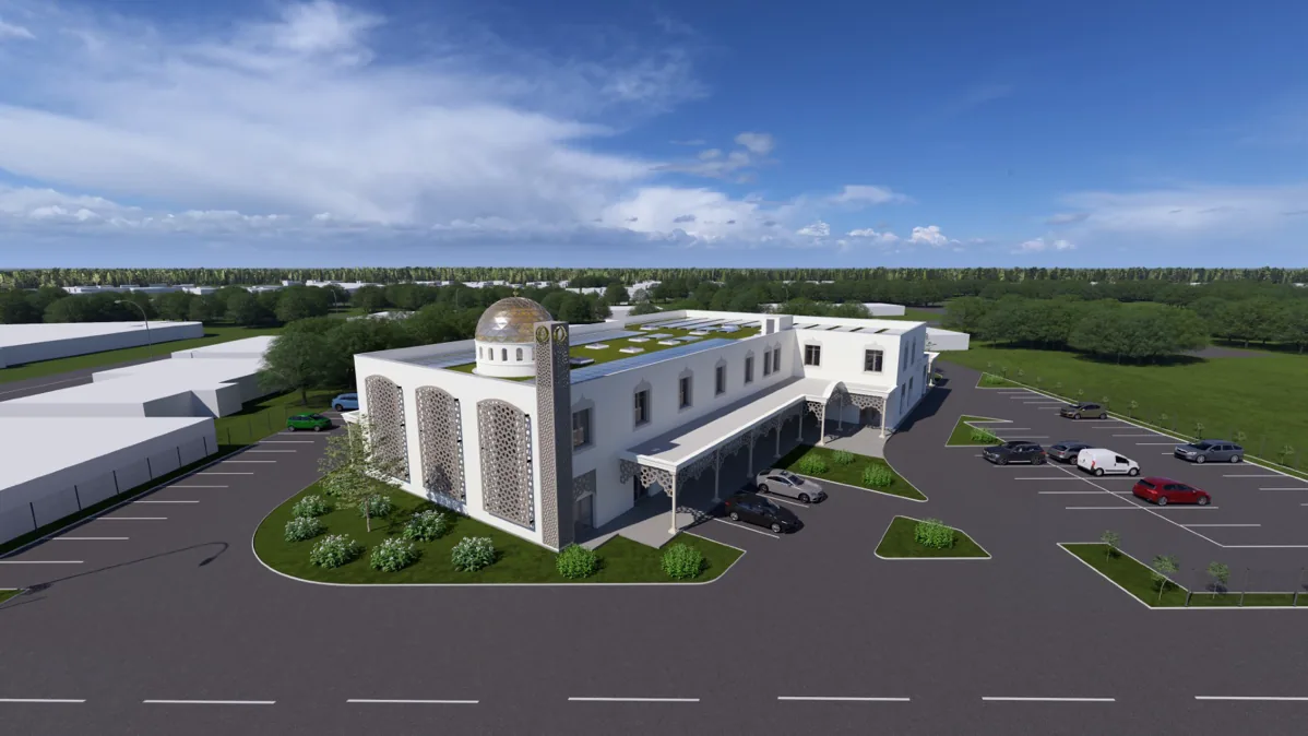 Image de synthèse de la future mosquée : bâtiment blanc à coupole dorée et façades ajourées