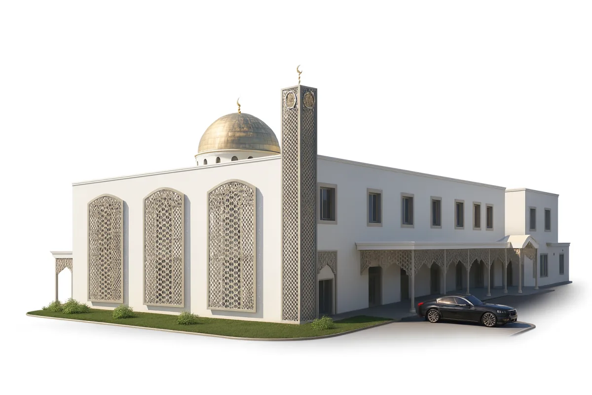 Vue 3D de la future mosquée terminée : bâtiment blanc, coupole dorée, minaret ajouré, grandes baies en moucharabieh et galerie couverte